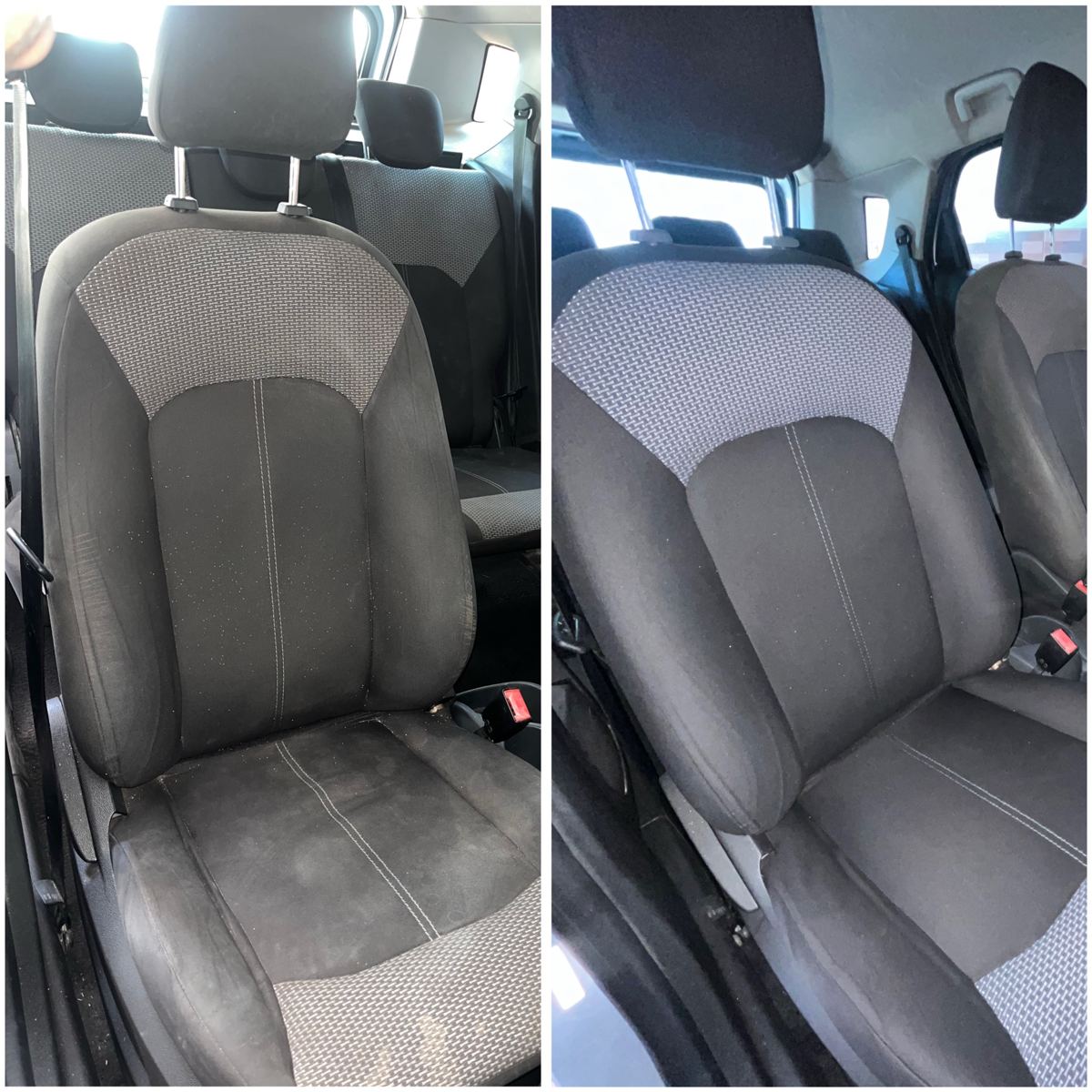 Antes e depois de banco automotivo com a cor recuperada