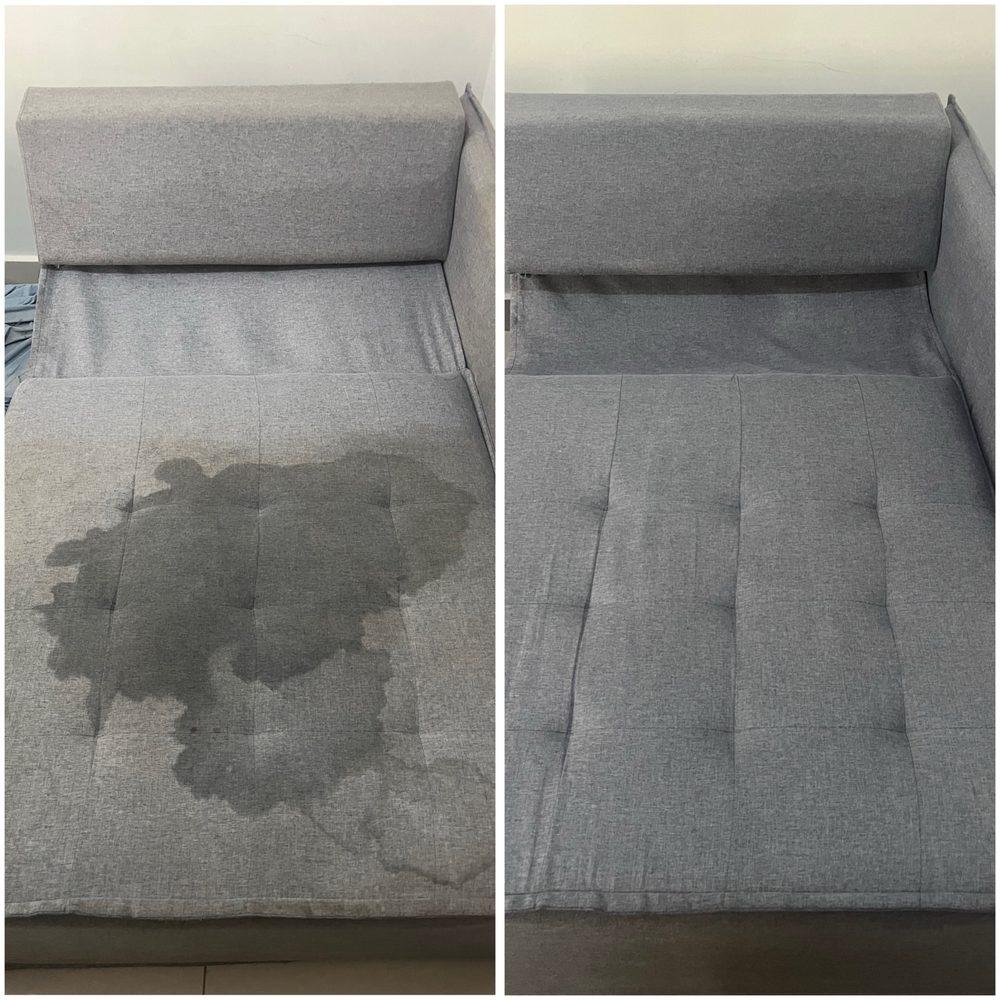 Antes e depois sofá cinza